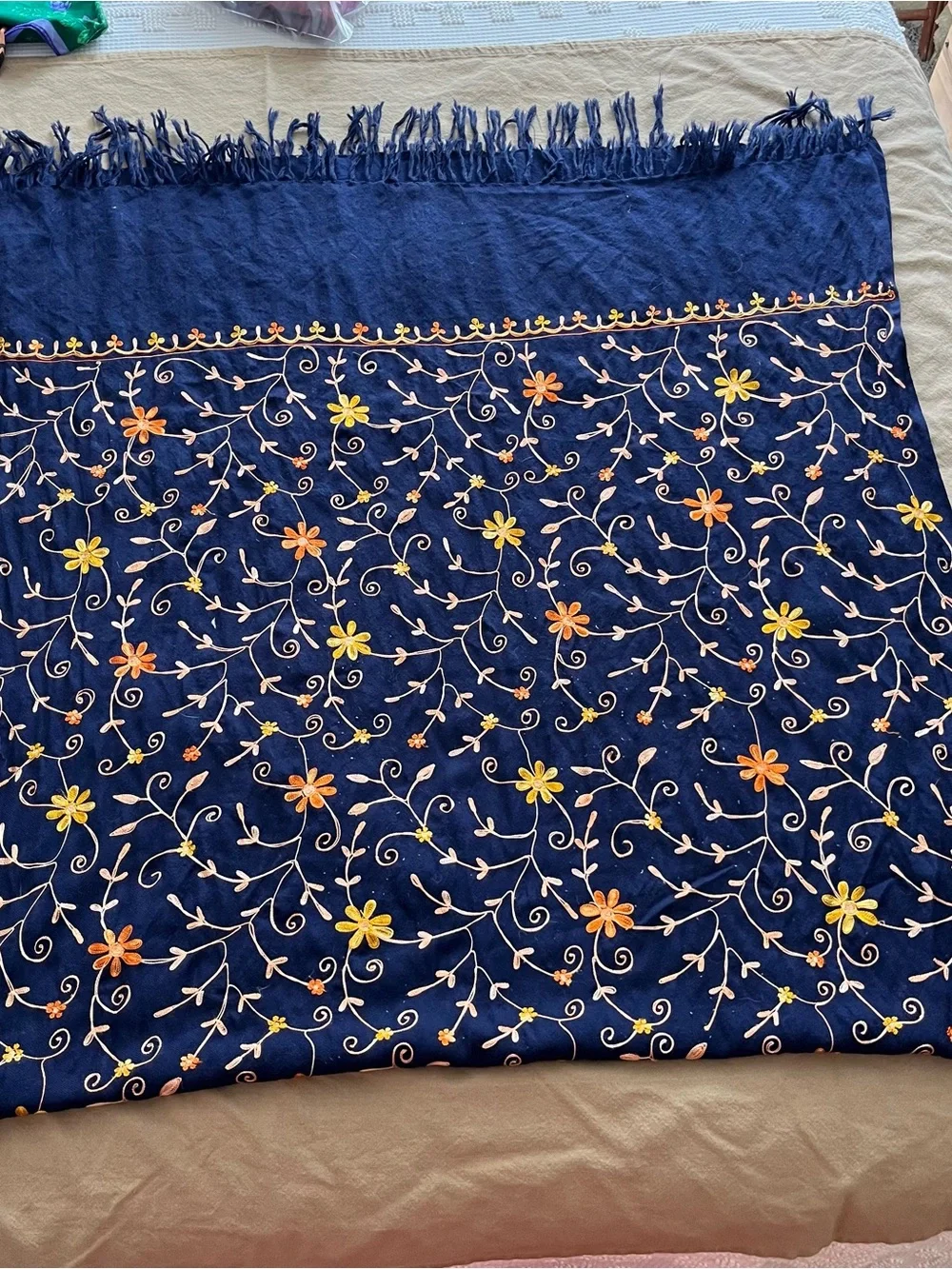 Embroidered Floral oblong scarf, wrap - Navy Blue